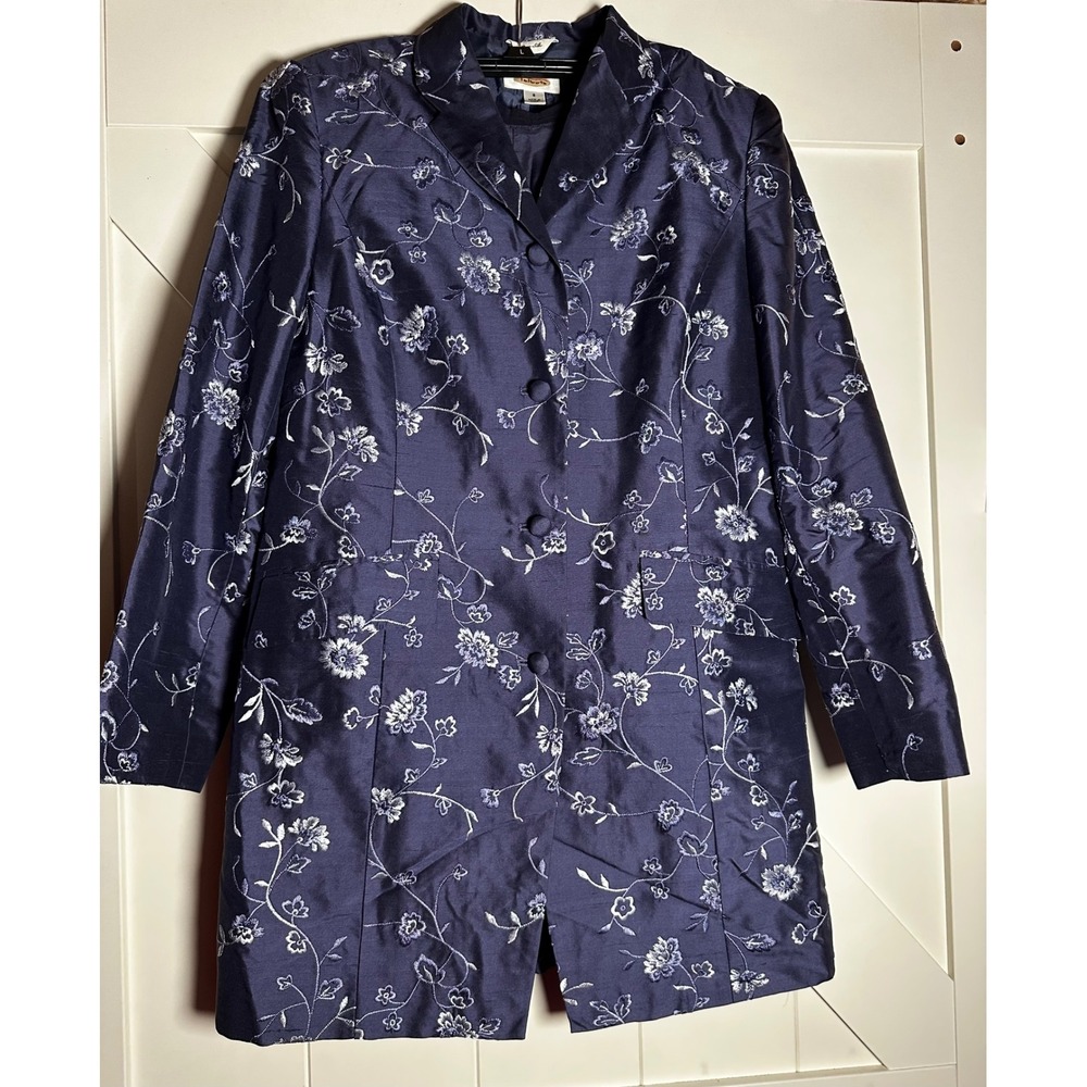 Talbots Petites Navy Pure Silk Floral Embroidered Blazer Pants Suit Set‎ Sz 8P